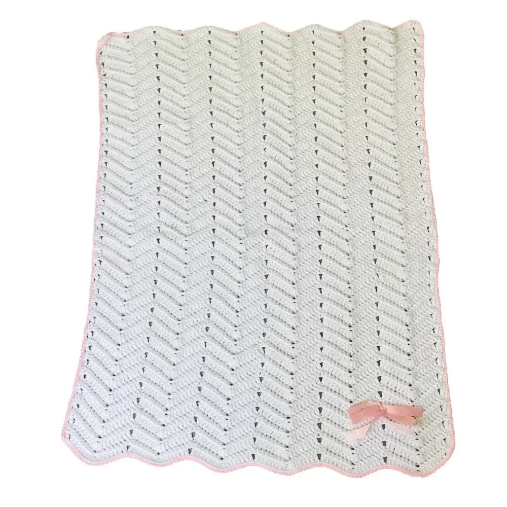 Vintage Crotchet Baby Crib Blanket Handmade White & Pastel Pink Satin Ribbon Bow